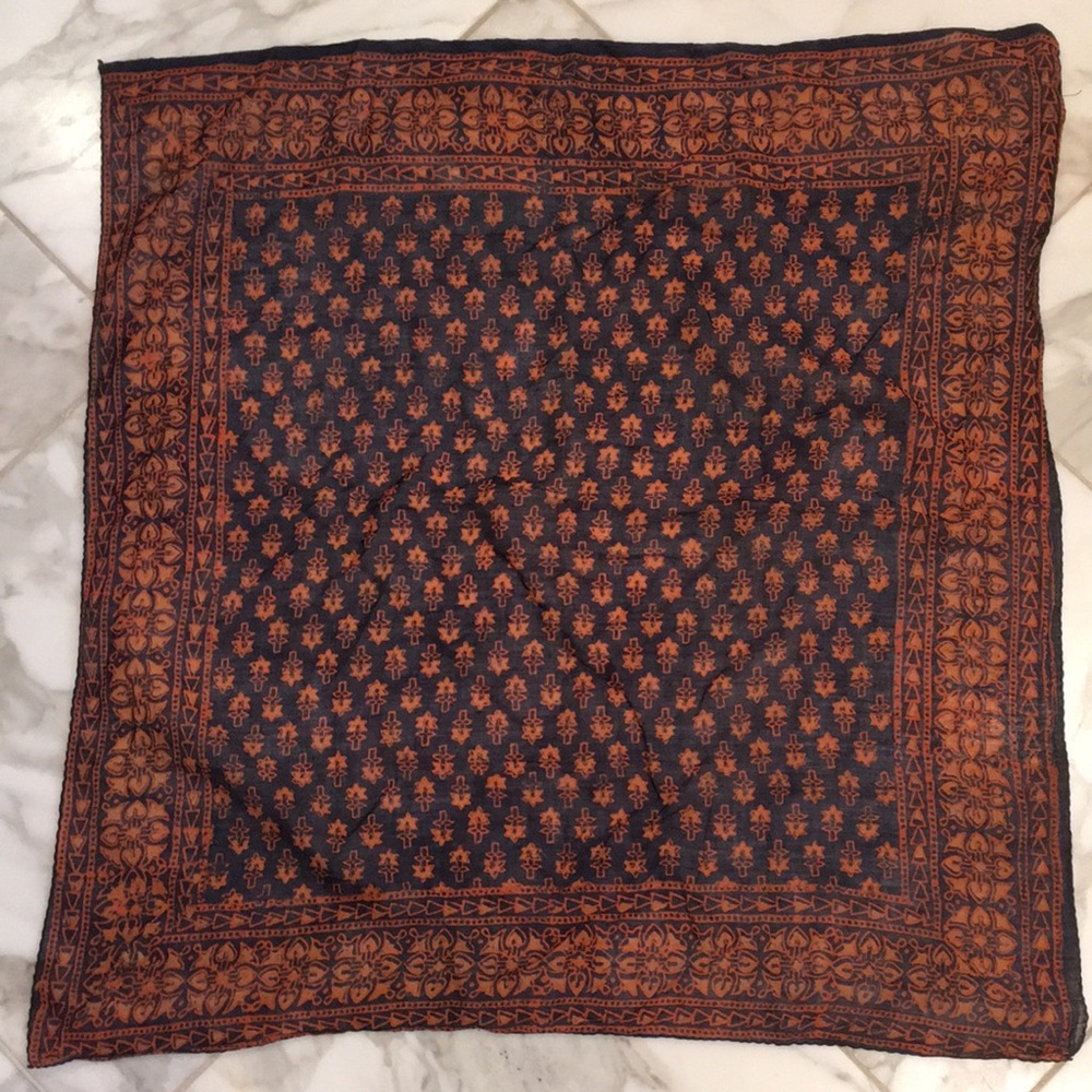 Beautiful Boho Print 21” x 21” Scarf in Navy and Orange